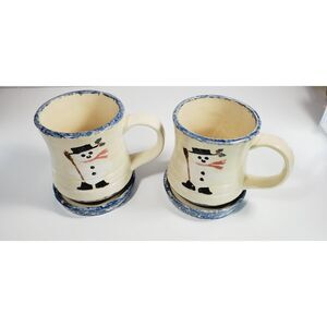 Stoneware Snowman Cups Saucers Set of 2 Buttermilk Acres Vtg Christmas Coffee